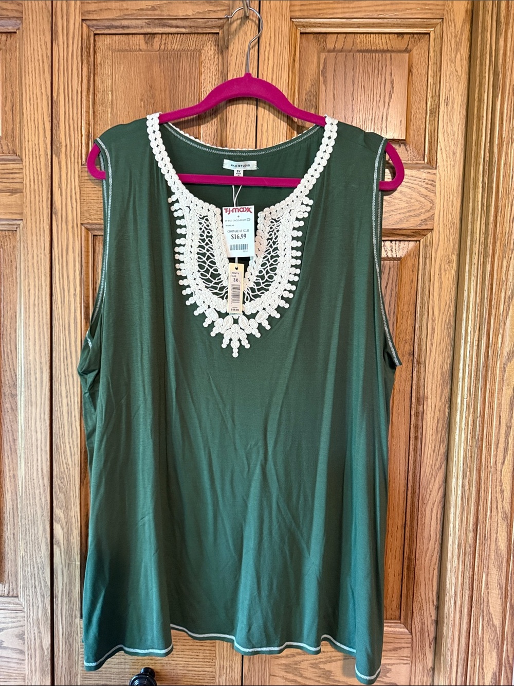 Max Studio Olive Green Tank with Cream Crochet Trim